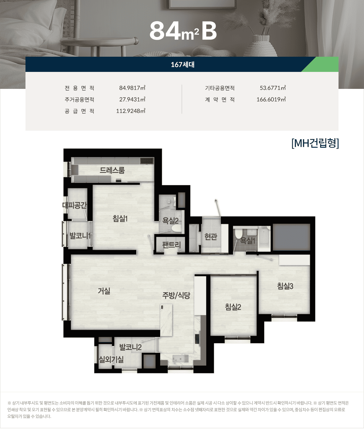 84㎡B형 167세대 전용면적 84.9817㎡ 주거공용면적 27.9431㎡ 기타공용면적 53.6771㎡ 공급면적 112.9248㎡ 계약면적 166.6019㎡ 구성: 현관, 거실, 주방/식당, 침실1, 침실2, 침실3, 욕실1, 욕실2, 드레스룸, 팬트리, 실외기실, 발코니1, 발코니2, 대피공간