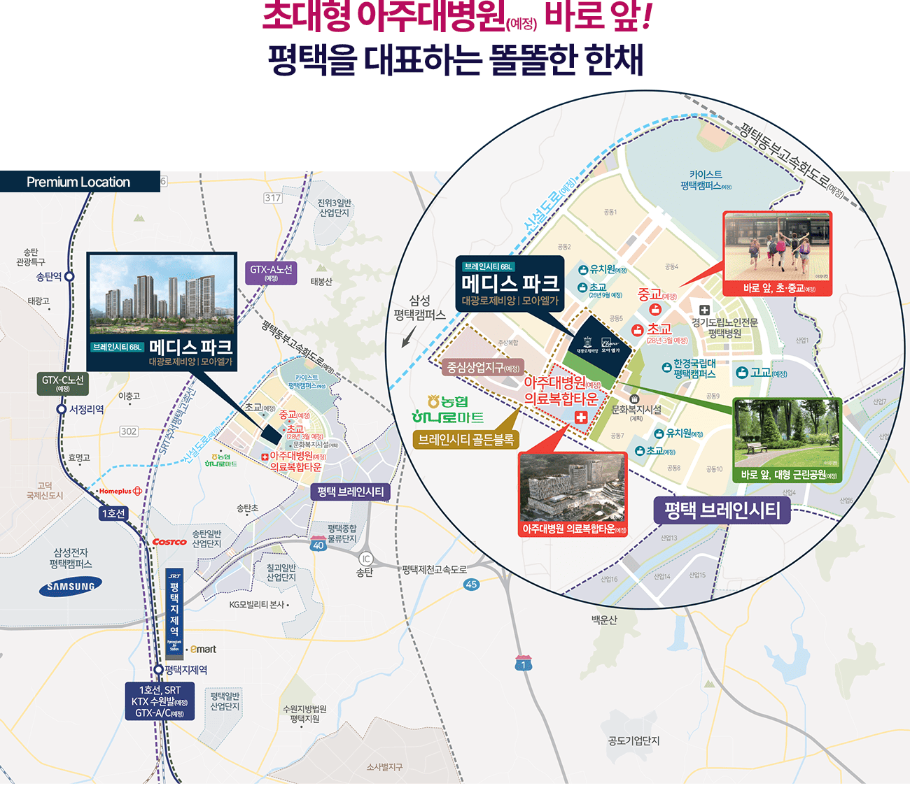초대형 아주대병원 예정 바로 앞 평택을 대표하는 똑똑한 한채 메디스파크 대광로제비앙 모아엘가 평택 브레인시티 아주대병원 의료복합타운 농협 하나로마트 브레인시티 골든블록 중심상업지구 예정 바로 앞 초·중교 예정 바로 앞 대형 근린공원 예정 카이스트 평택캠퍼스 예정 평택동부고속화도로 예정 SRT·GTX-A·KTX 평택지제역 예정 삼성 평택캠퍼스